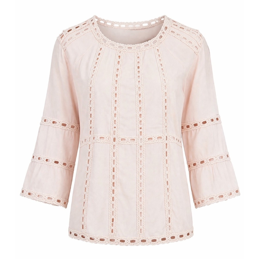 Everleigh Pink Crochet‎ Lace Cotton Blouse 3/4 Bell Sleeve Boho Top XS maternity
